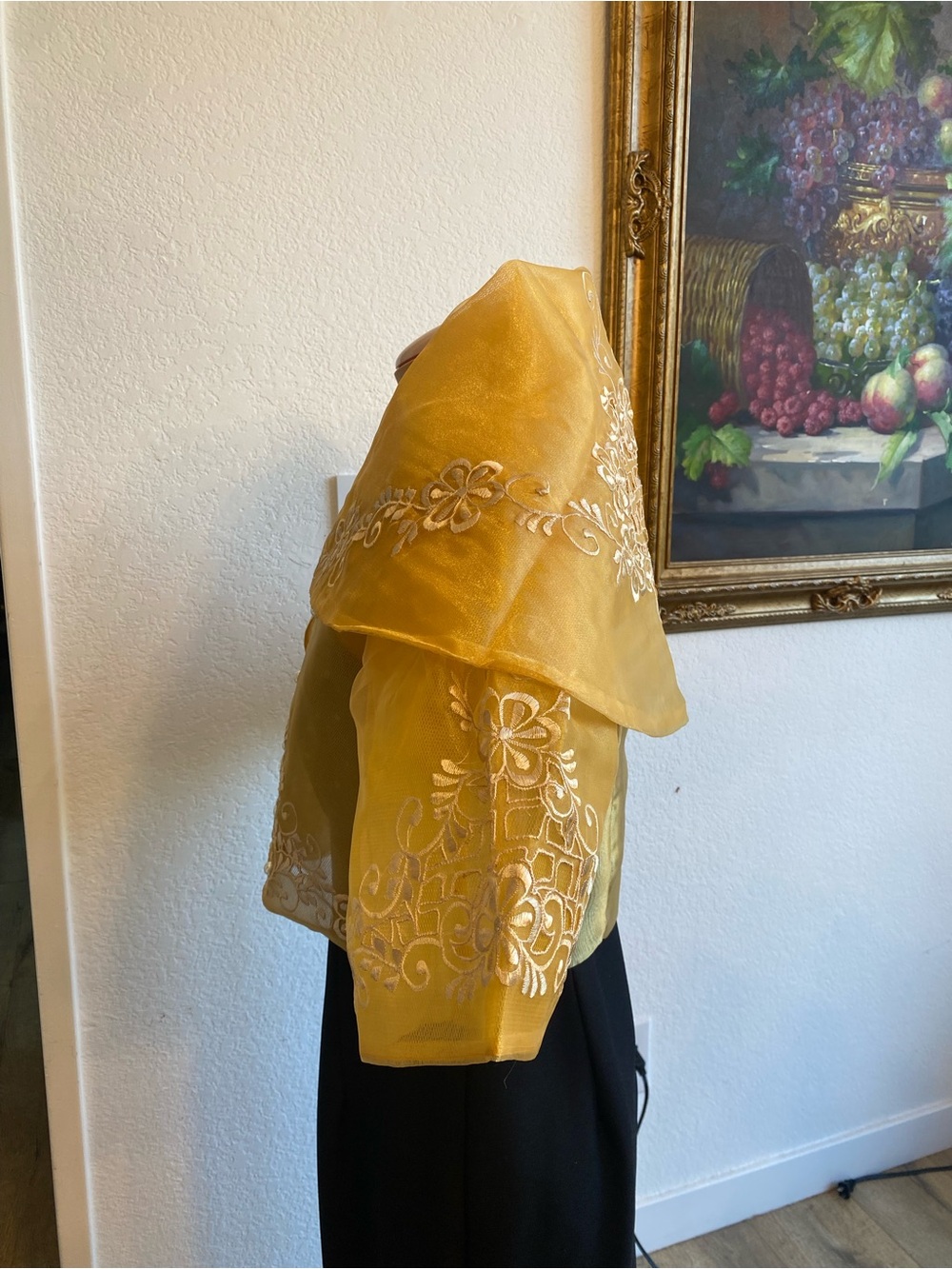 Filipiniana Balona Maria Clara Yellow Gold Embroidered Organza Bolero Jacket - Picture 2 of 7